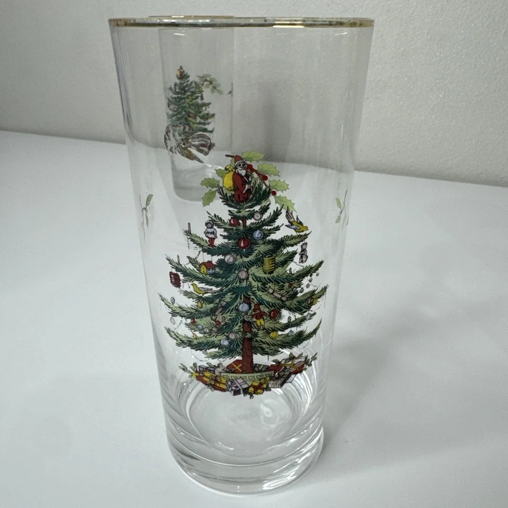 Set of 7 Spode Highball Glasses‎ Tumblers Christmas Tree w/ Gold Rim 6.25